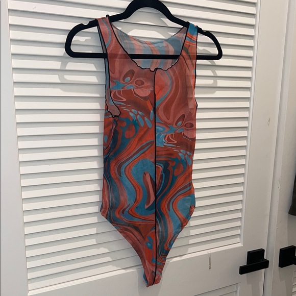 Tops - Turquoise and Orange See-through Swirl Pattern Bodysuit